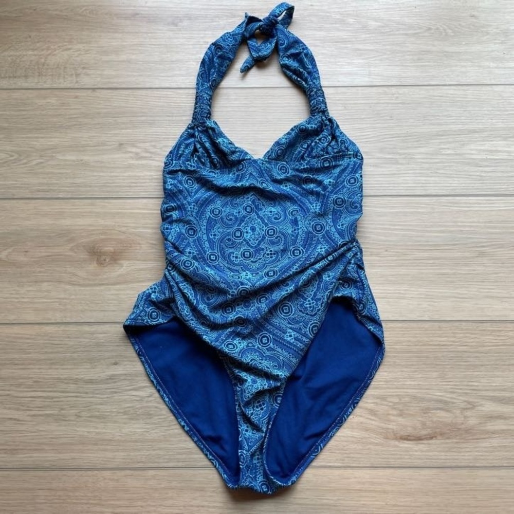Old Navy Blue Teal Paisley Halter Triangle Bikini Swim Top Medium Padded Tie